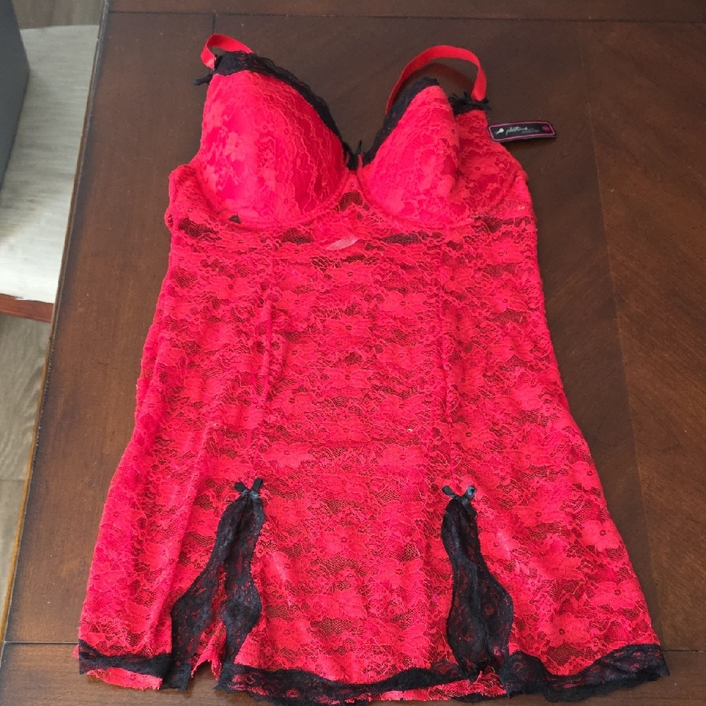 (J65) Native Intimates Vibrant Red Lace Chemise Sz 40D